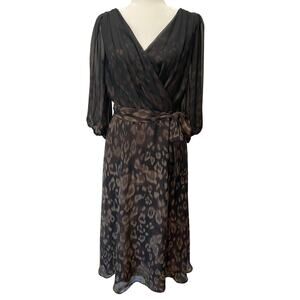 DKNY Midi Dress Balloon Sleeve Faux Wrap Sz 8 Animal Print Ombre Tie Belt Flowy